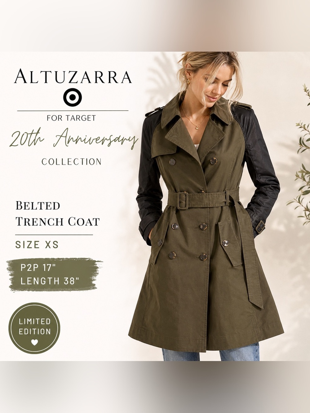 Altuzarra for Target Olive Green Belted Trench Coat XS NWT